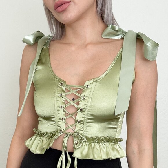 Tops - Lime Green Satin Tie Shoulder Lace Up Corset